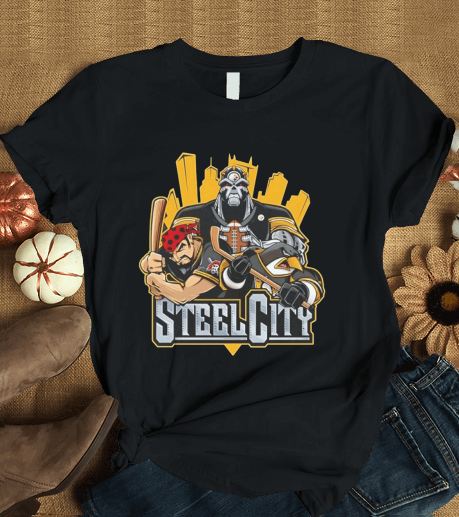 Steel City Pittsburgh Steelers Pirates Penguins Collage 2026 T-Shirt