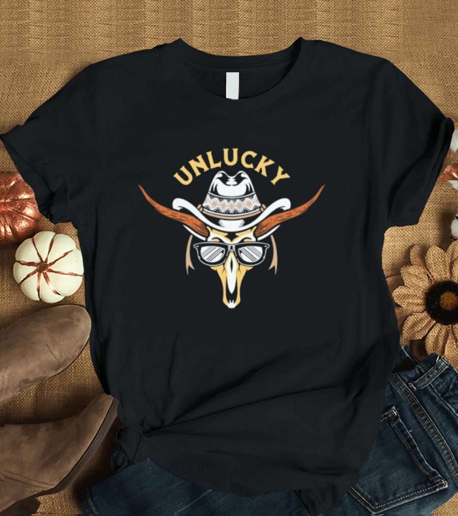 Unlucky Cowboy Skull Sunglasses Western Horns Hat T-Shirt