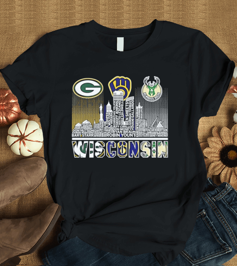 Wisconsin Green Bay Packers Milwaukee Brewers Bucks City Skyline Logos T-Shirt