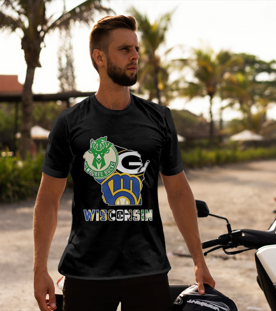Milwaukee Bucks Green Bay Packers Milwaukee Brewers Wisconsin Map T-Shirt
