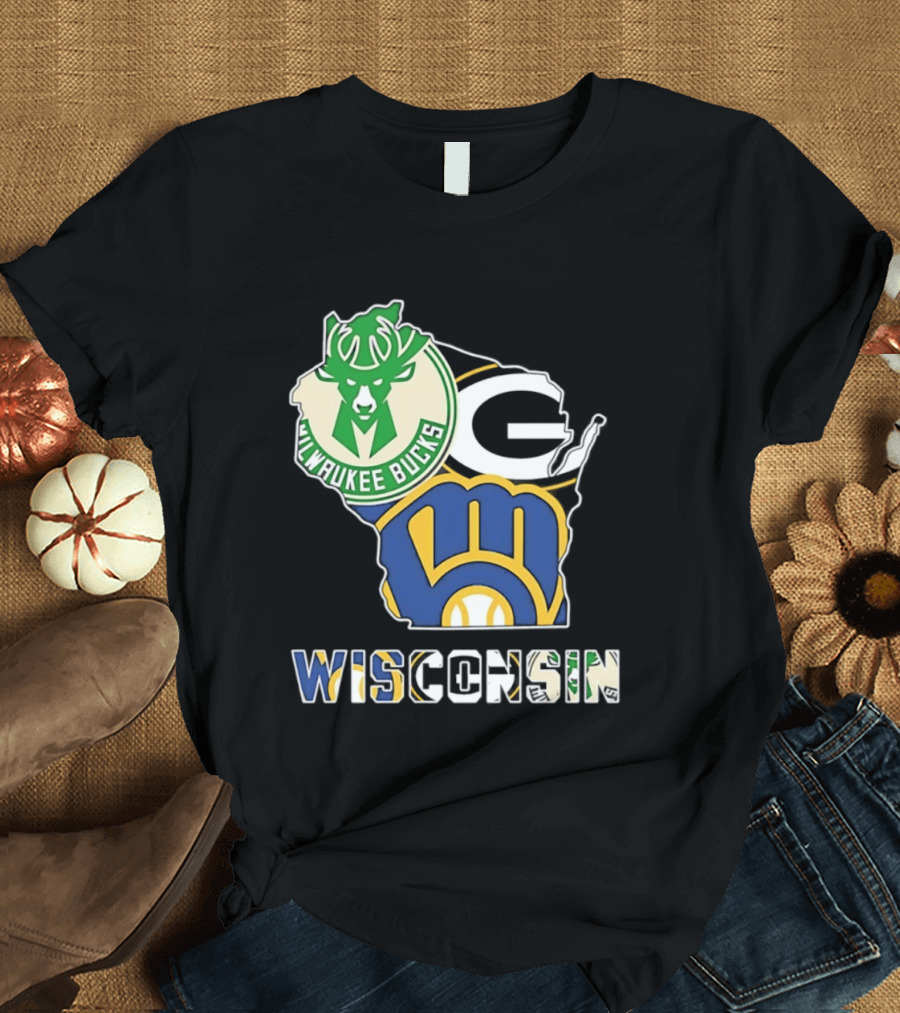 Milwaukee Bucks Green Bay Packers Milwaukee Brewers Wisconsin Map T-Shirt