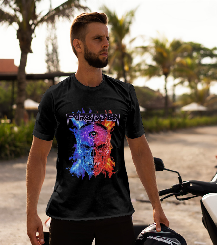 FORBIDDEN Skull Eye Flames Blue Red Fusion T-Shirt