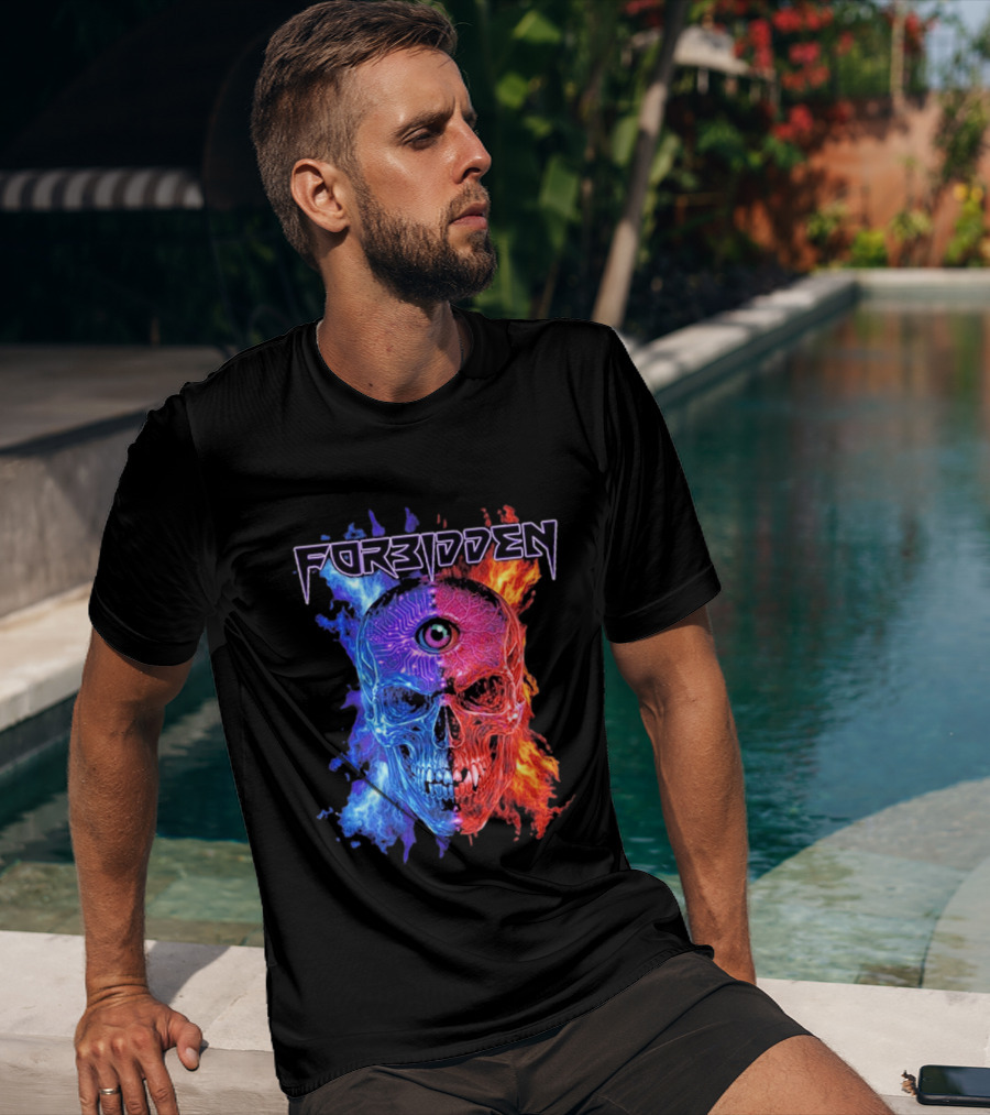 FORBIDDEN Skull Eye Flames Blue Red Fusion T-Shirt
