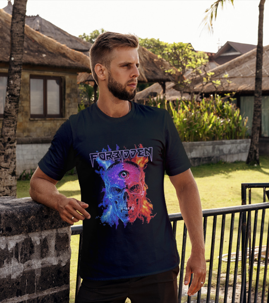 FORBIDDEN Skull Eye Flames Blue Red Fusion T-Shirt
