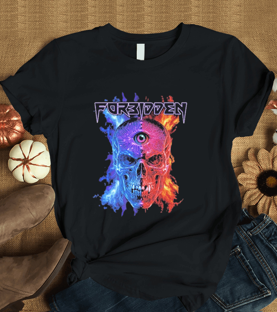 FORBIDDEN Skull Eye Flames Blue Red Fusion T-Shirt