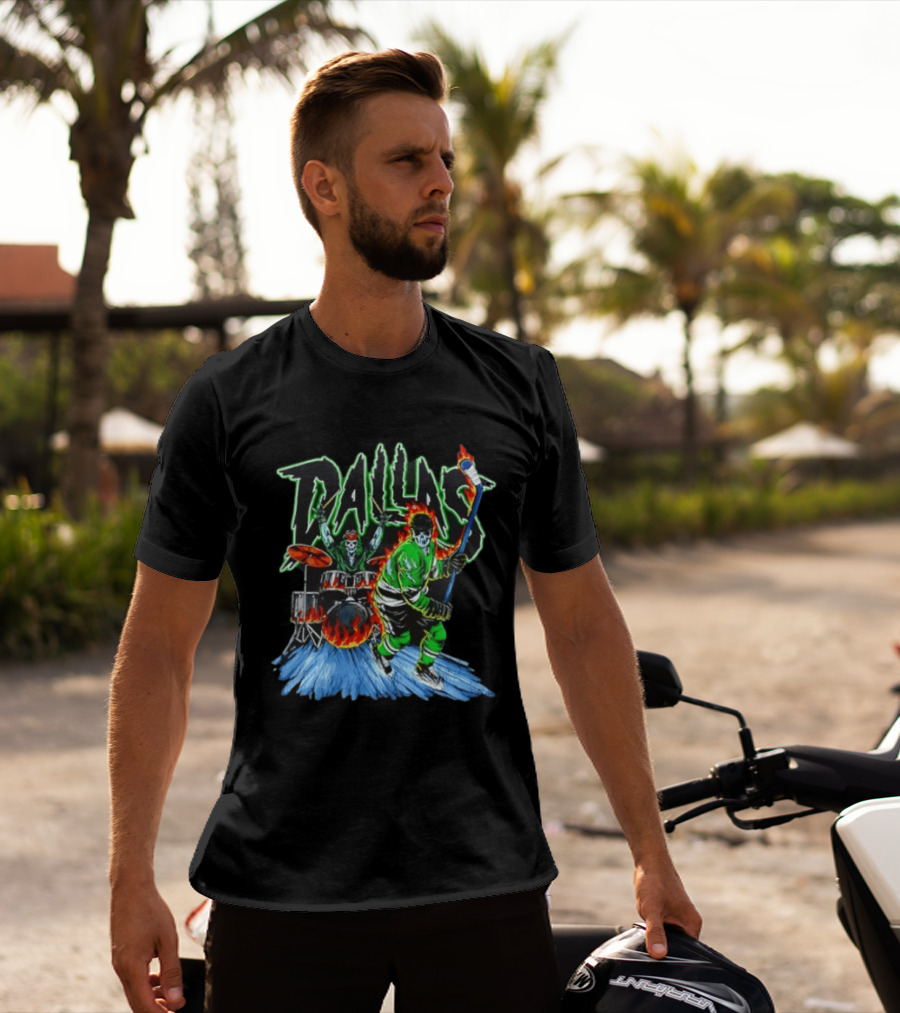 Dallas Stars Skeleton Hockey Fire With Drummer T-Shirt