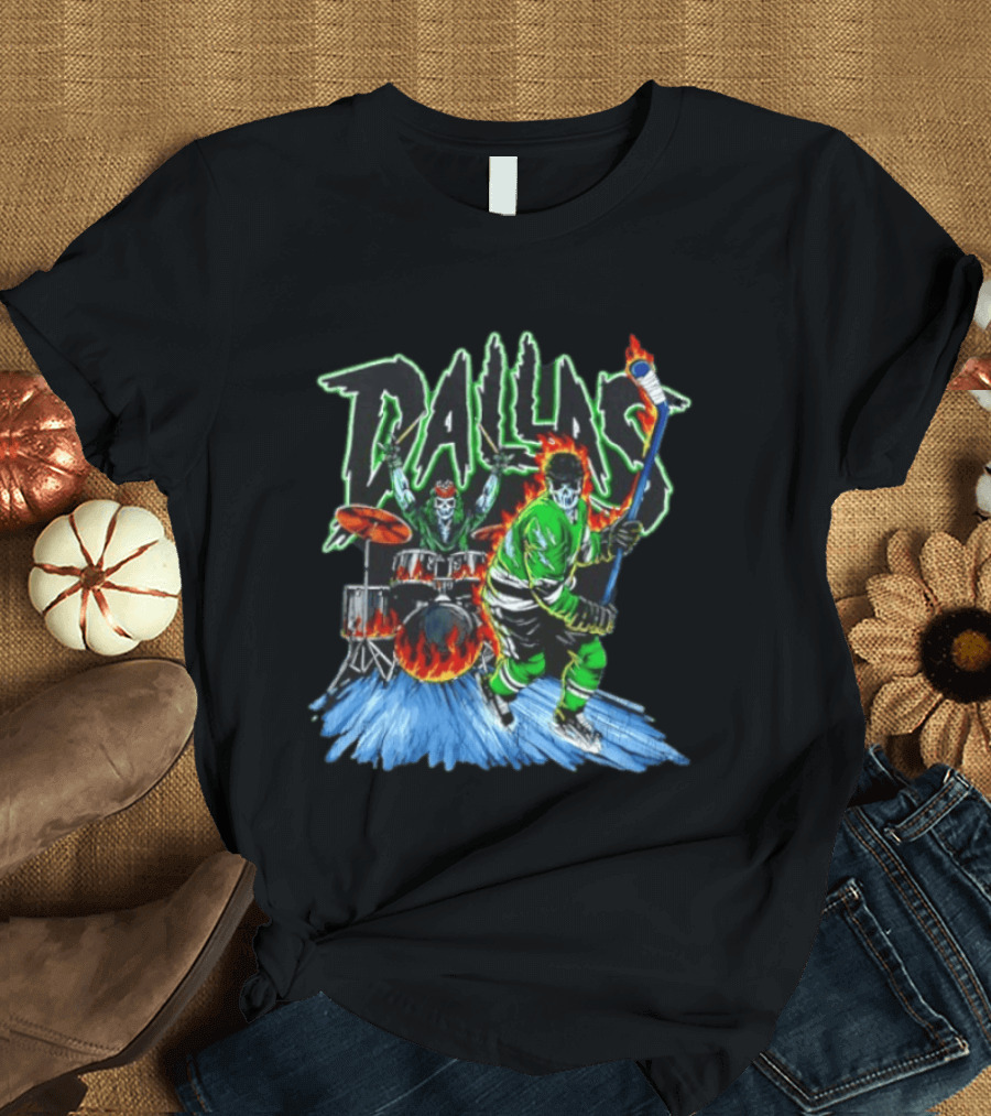 Dallas Stars Skeleton Hockey Fire With Drummer T-Shirt