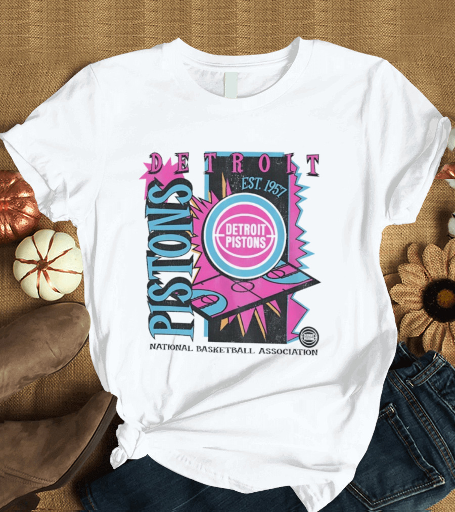 Detroit Pistons 1957 Est. Neon National Basketball Association Court T-Shirt