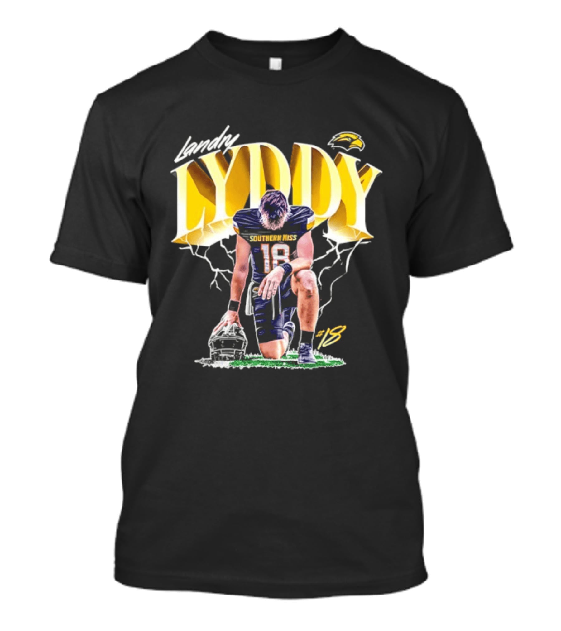Landry Lyddy 18 Southern Miss Golden Eagles NCAA Football Player Lightning Kneeling Pose T-Shirt