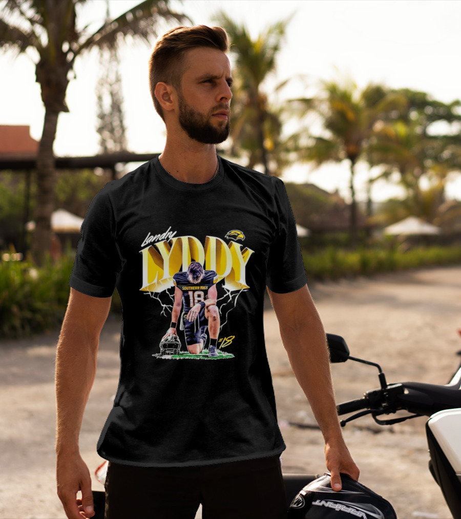 Landry Lyddy 18 Southern Miss Golden Eagles NCAA Football Player Lightning Kneeling Pose T-Shirt