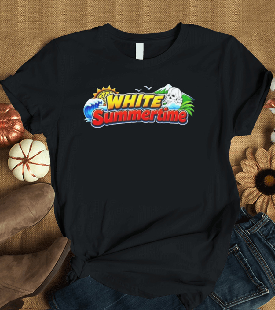 White Summertime Skull Ocean Beach Sun Palm Birds T-Shirt