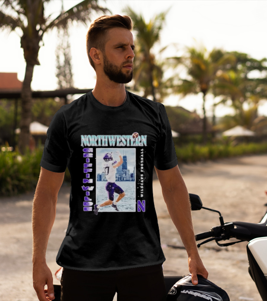 Northwestern Wildcats Football Griffin Wilde No 17 Chicago Skyline T-Shirt