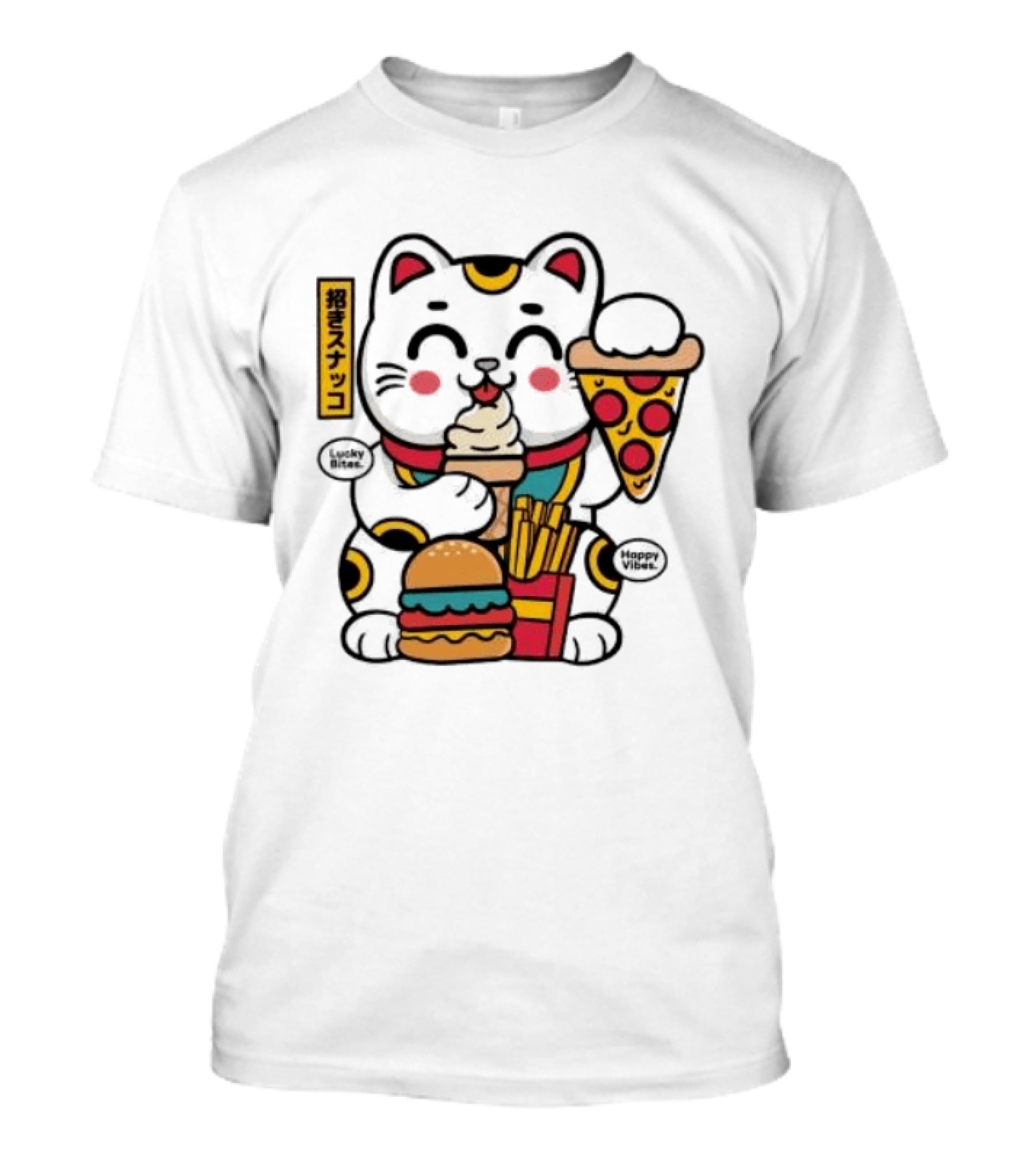 Lucky Bites Happy Vibes Maneki Neko Cat Ice Cream Pizza Burger Fries T-Shirt