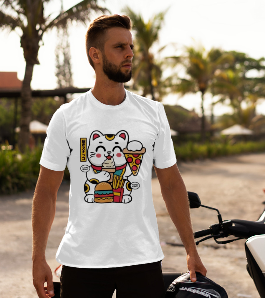 Lucky Bites Happy Vibes Maneki Neko Cat Ice Cream Pizza Burger Fries T-Shirt