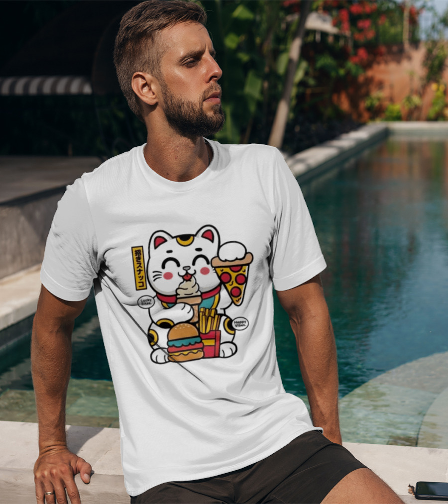 Lucky Bites Happy Vibes Maneki Neko Cat Ice Cream Pizza Burger Fries T-Shirt