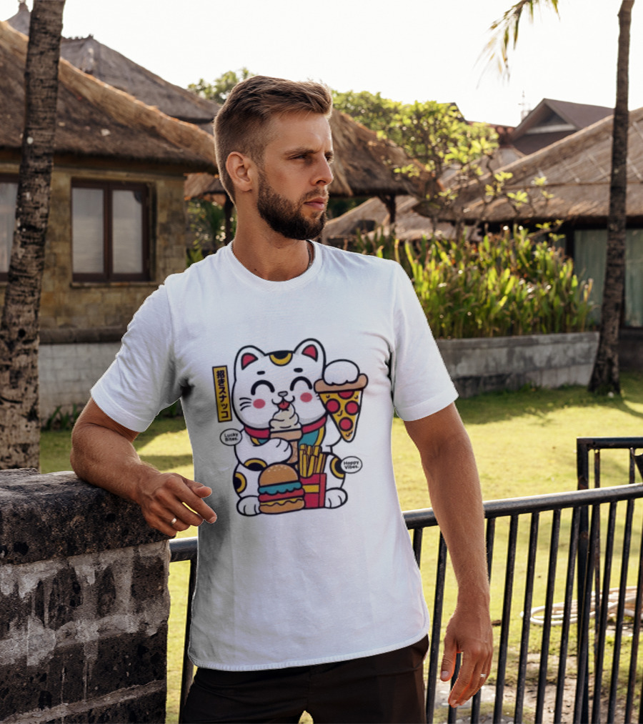 Lucky Bites Happy Vibes Maneki Neko Cat Ice Cream Pizza Burger Fries T-Shirt