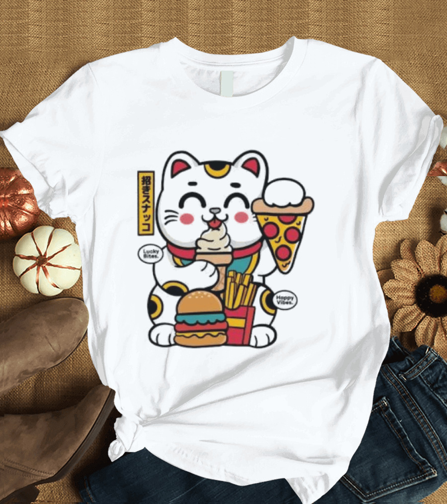 Lucky Bites Happy Vibes Maneki Neko Cat Ice Cream Pizza Burger Fries T-Shirt
