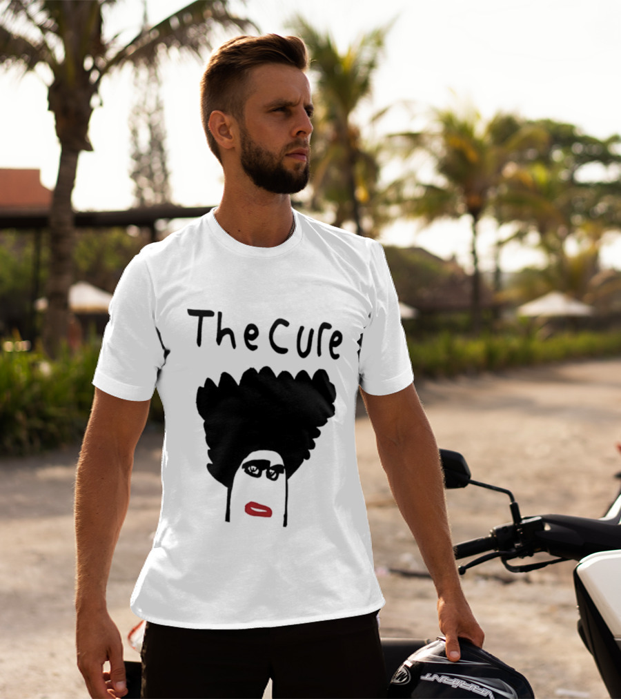 The Cure Hand Drawn Robert Smith Bold Hair Red Lips Black Glasses T-Shirt