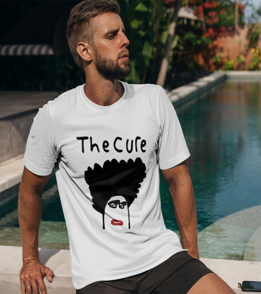 The Cure Hand Drawn Robert Smith Bold Hair Red Lips Black Glasses T-Shirt