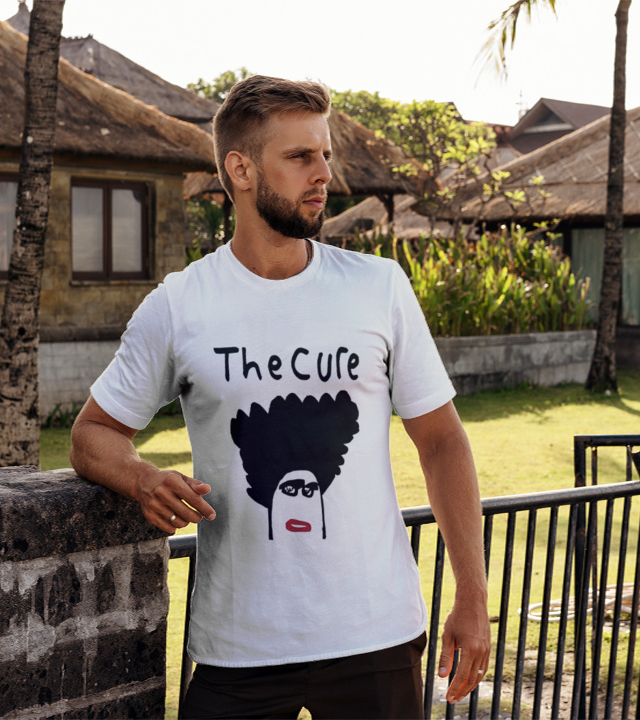 The Cure Hand Drawn Robert Smith Bold Hair Red Lips Black Glasses T-Shirt