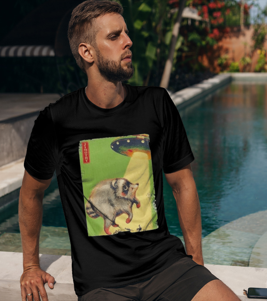 Jimothy Raccoon Abducted By UFO Alien Beam On Green T-Shirt