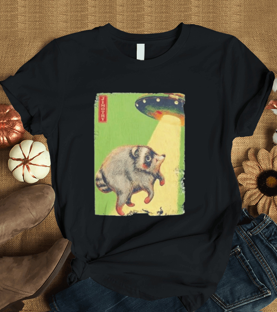 Jimothy Raccoon Abducted By UFO Alien Beam On Green T-Shirt