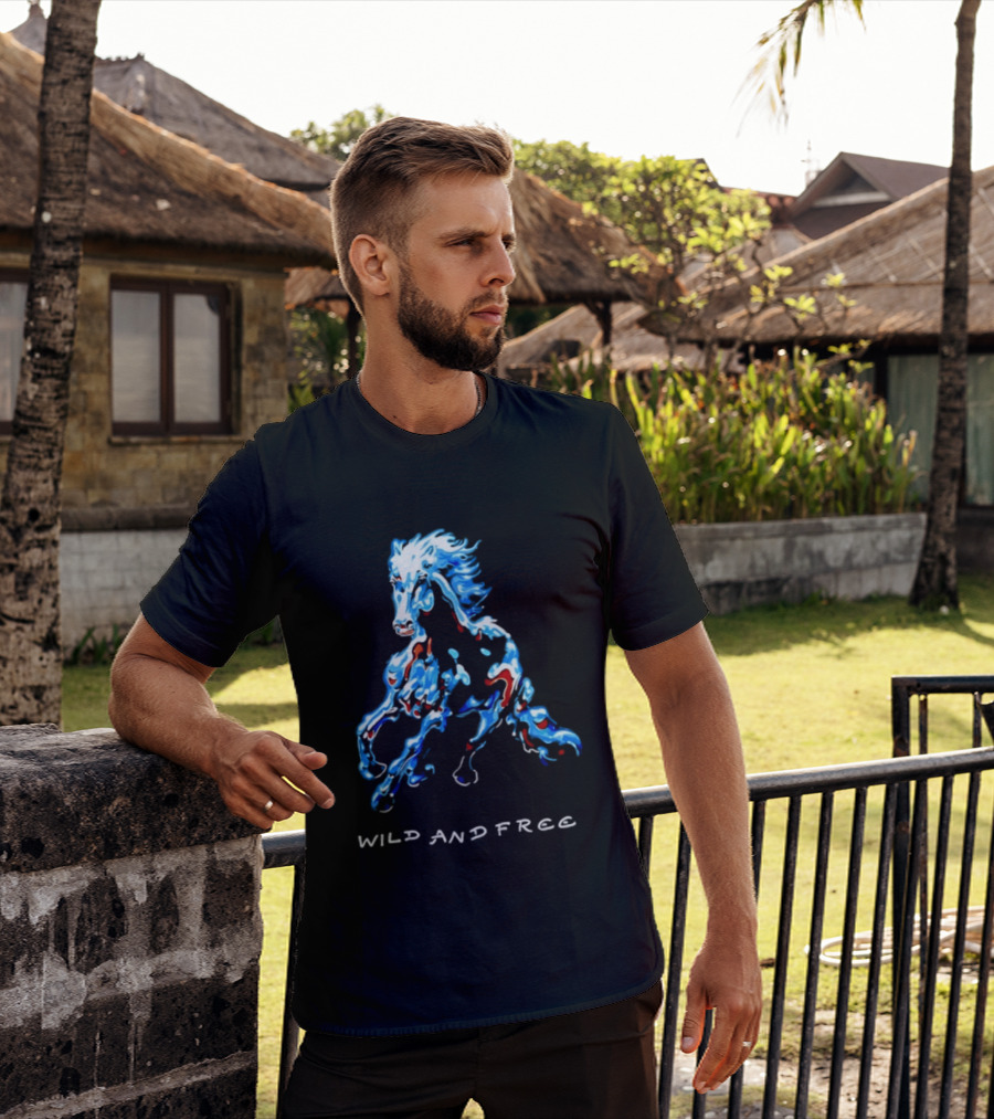 Wild Horse Wild And Free Blue Red Watercolor T-Shirt