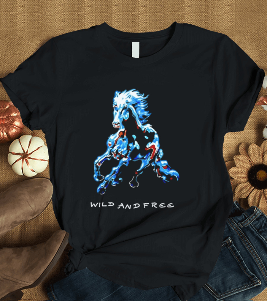 Wild Horse Wild And Free Blue Red Watercolor T-Shirt