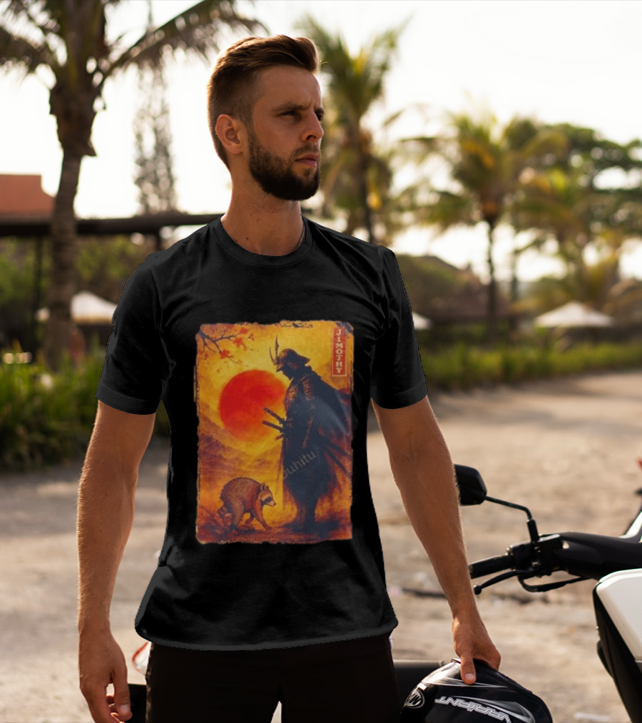 Jimothy Samurai Warrior And Raccoon Japanese Sunset T-Shirt