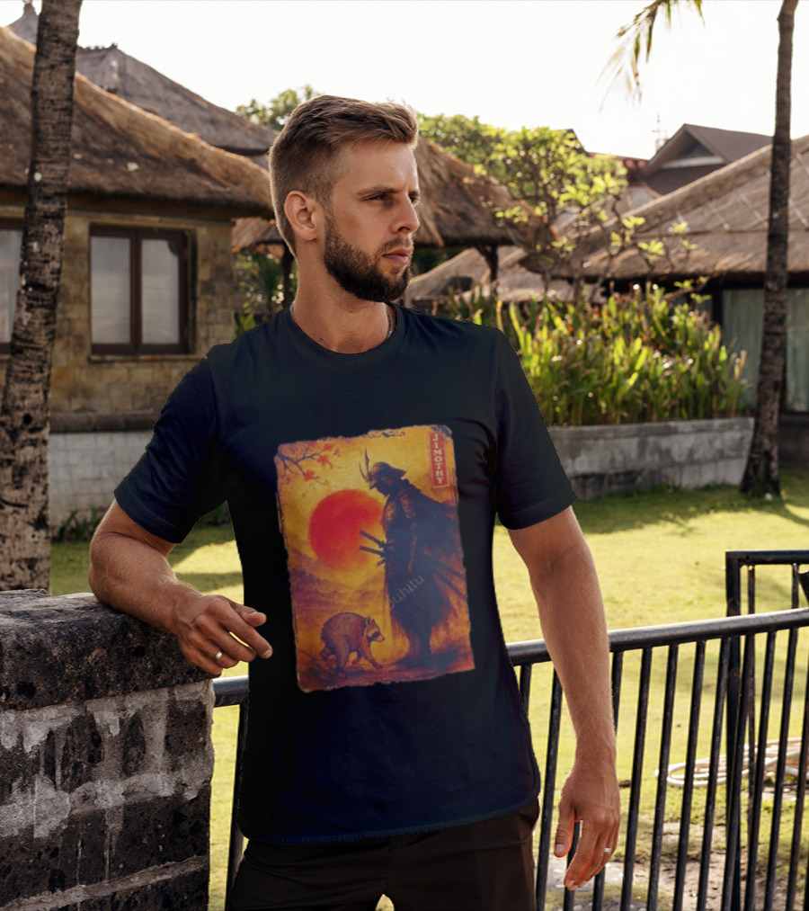 Jimothy Samurai Warrior And Raccoon Japanese Sunset T-Shirt