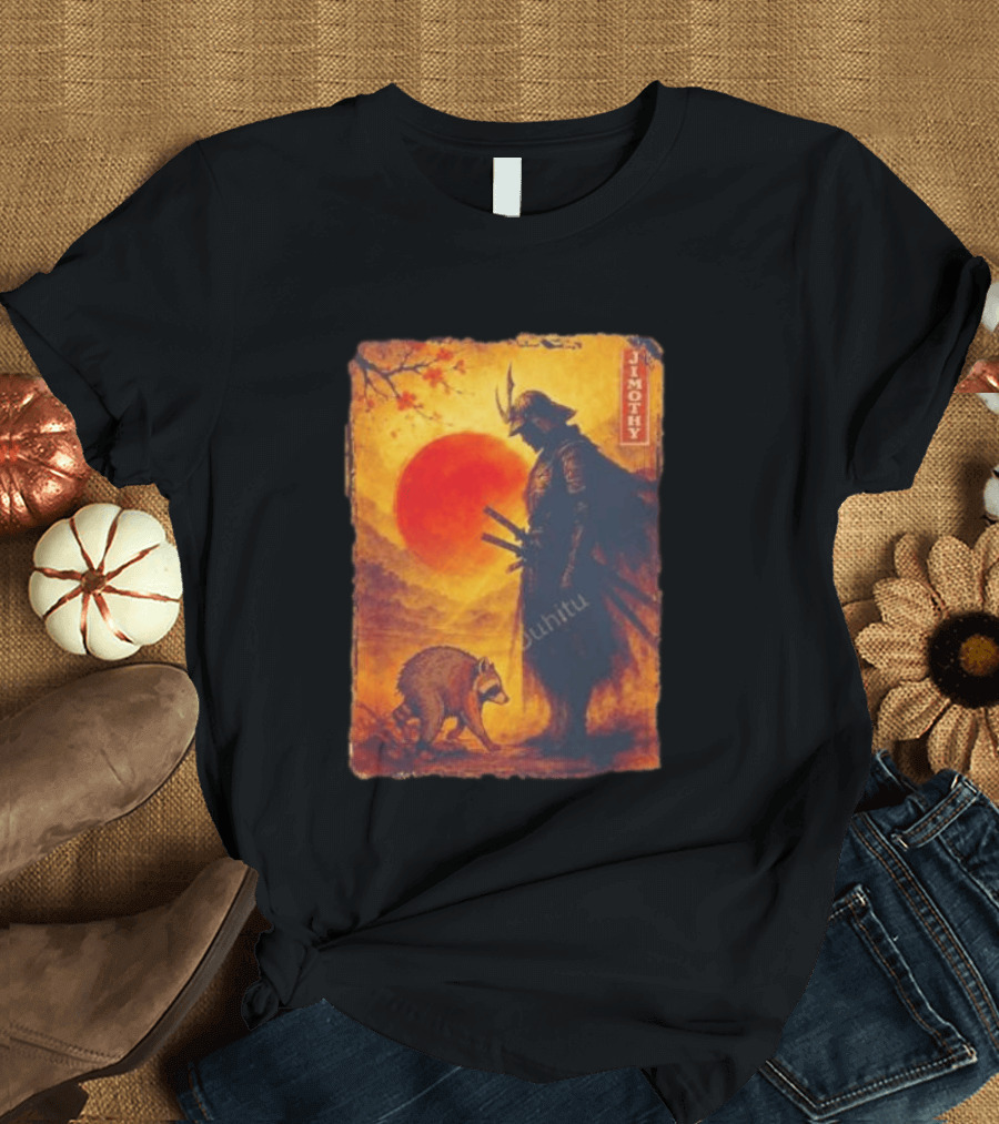 Jimothy Samurai Warrior And Raccoon Japanese Sunset T-Shirt