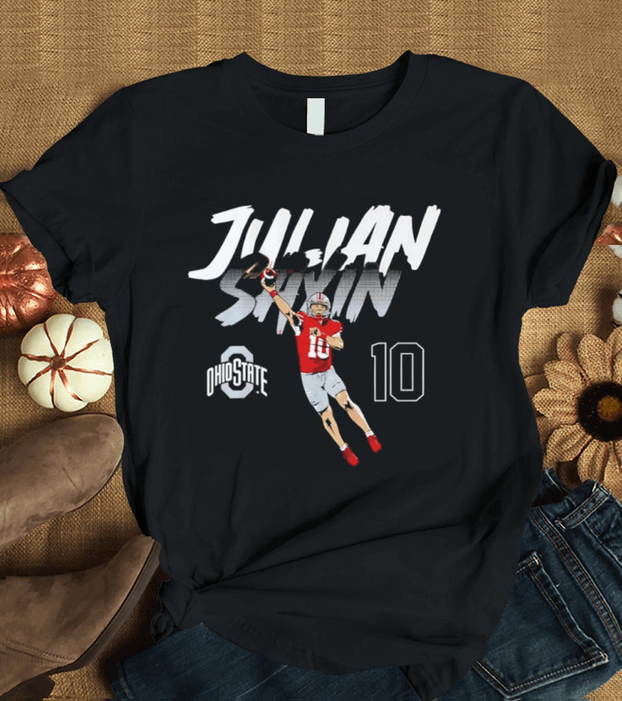 Julian Sayin Ohio State Buckeyes Number 10 Football Player Action Pose T-Shirt