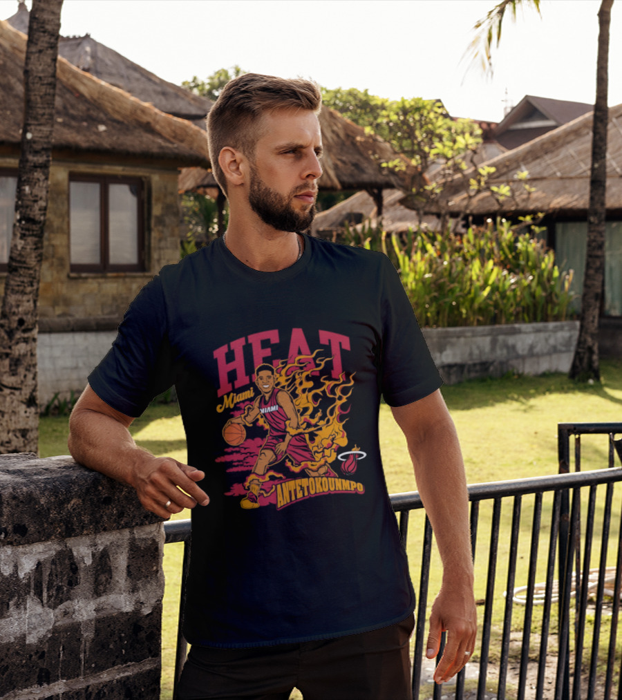 Miami Heat Giannis Antetokounmpo Basketball Caricature With Flames T-Shirt