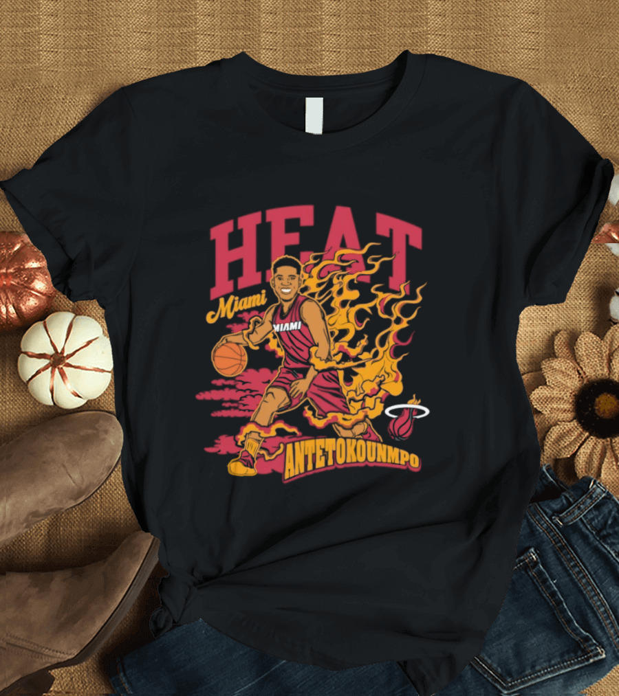 Miami Heat Giannis Antetokounmpo Basketball Caricature With Flames T-Shirt