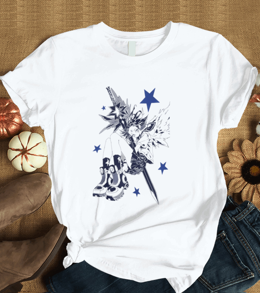 Arkestar Anime Girl Sword Wings Blue Stars T-Shirt