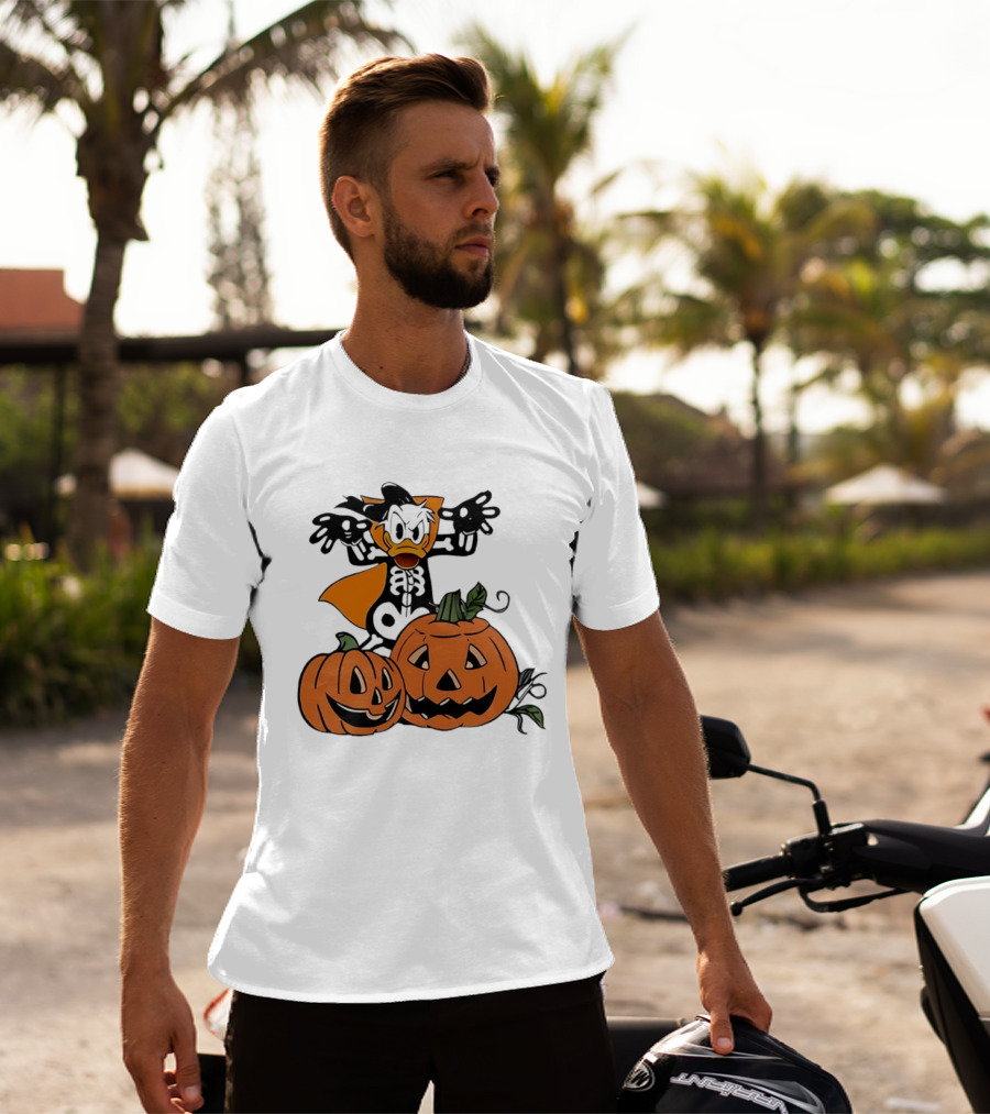 Donald Duck Skeleton Costume With Pumpkins Disney Halloween T-Shirt