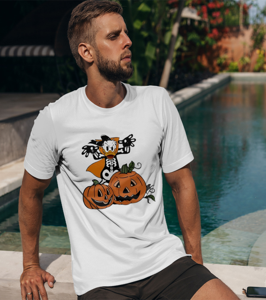 Donald Duck Skeleton Costume With Pumpkins Disney Halloween T-Shirt