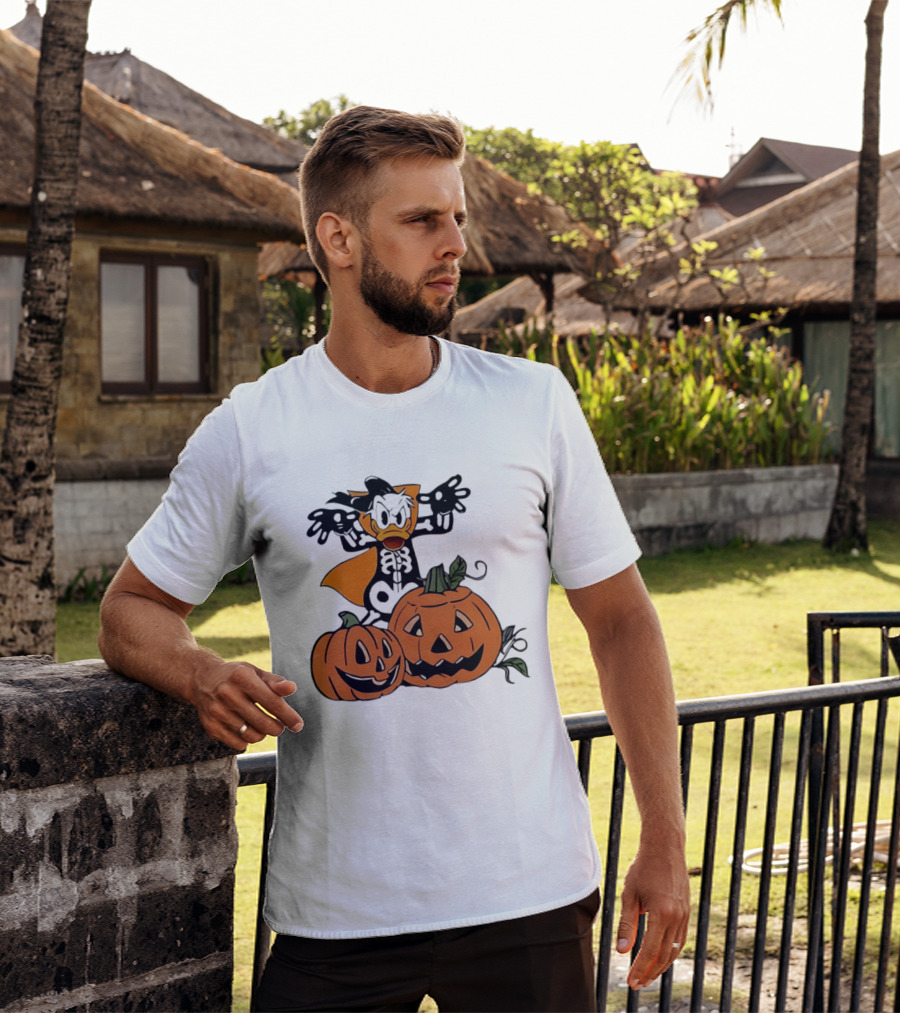 Donald Duck Skeleton Costume With Pumpkins Disney Halloween T-Shirt