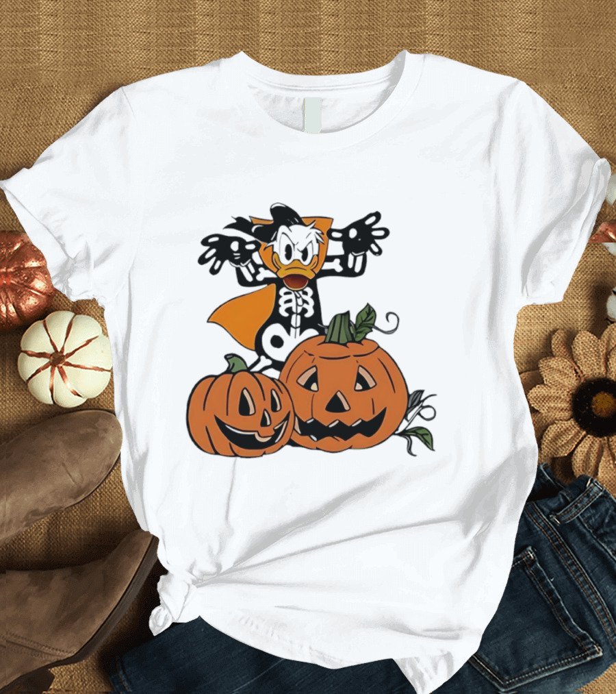 Donald Duck Skeleton Costume With Pumpkins Disney Halloween T-Shirt