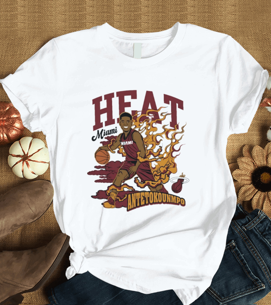 Miami Heat Antetokounmpo Basketball Flame Comic T-Shirt