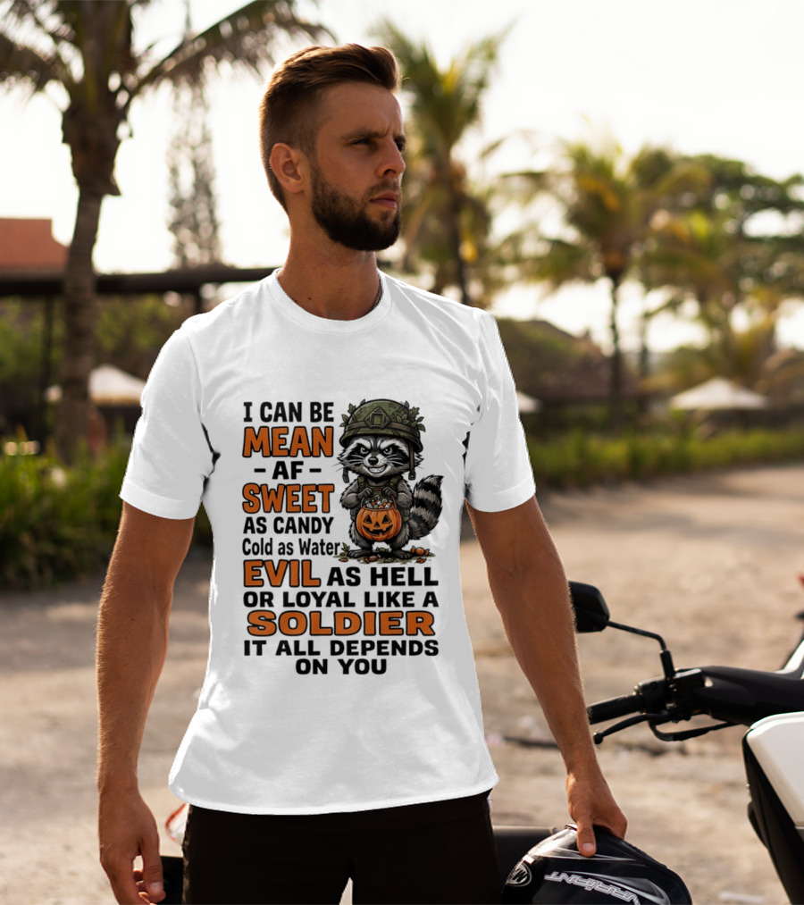 Raccoon I Can Be Mean AF Sweet As Candy Cold As Water Evil As Hell Or Loyal Like A Soldier It All Depends On You T-Shirt
