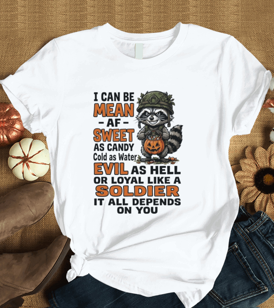 Raccoon I Can Be Mean AF Sweet As Candy Cold As Water Evil As Hell Or Loyal Like A Soldier It All Depends On You T-Shirt