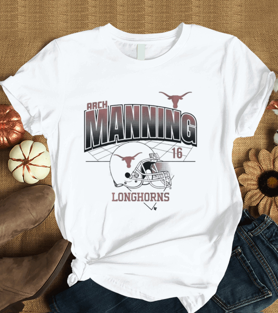 Texas Longhorns Arch Manning 16 Football Helmet Grid T-Shirt