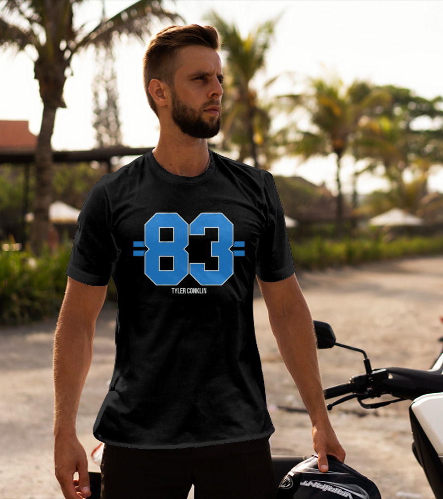 Tyler Conklin 83 Blue Stripe Detroit Lions Number T-Shirt