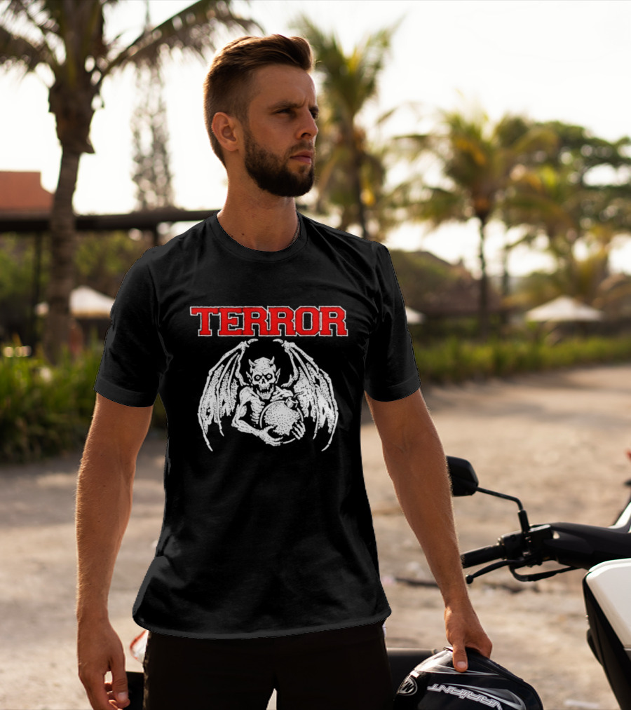 Terror Red Lettering Demon With Wings Holding Bomb T-Shirt