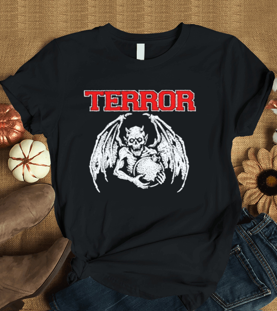 Terror Red Lettering Demon With Wings Holding Bomb T-Shirt