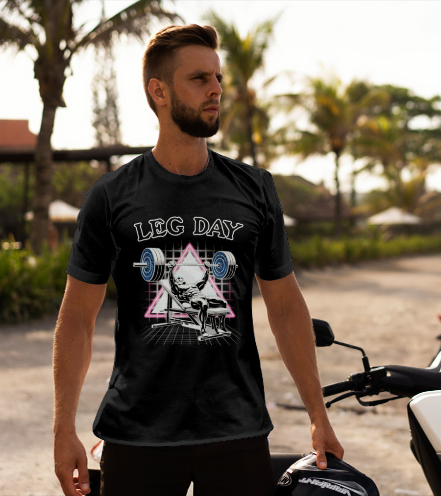 Leg Day Skeleton Weightlifting Gym Bodybuilding 80s Aesthetic Neon Triangle T-Shirt