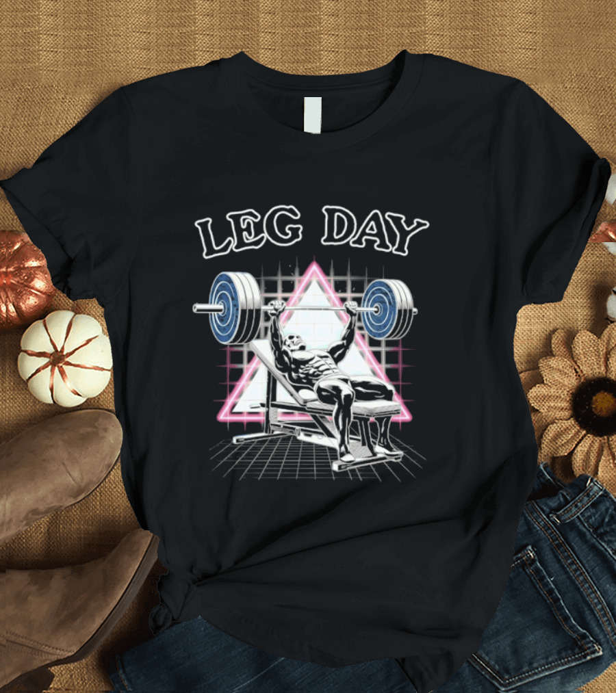 Leg Day Skeleton Weightlifting Gym Bodybuilding 80s Aesthetic Neon Triangle T-Shirt