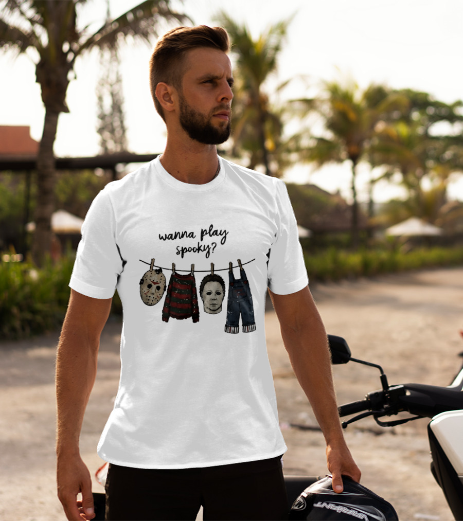 Wanna Play Spooky Halloween Horror Mask And Costume References T-Shirt