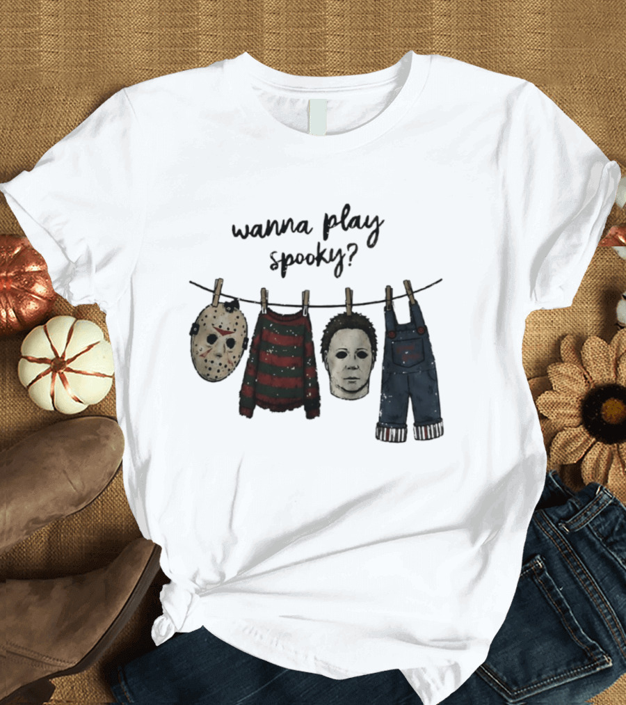 Wanna Play Spooky Halloween Horror Mask And Costume References T-Shirt
